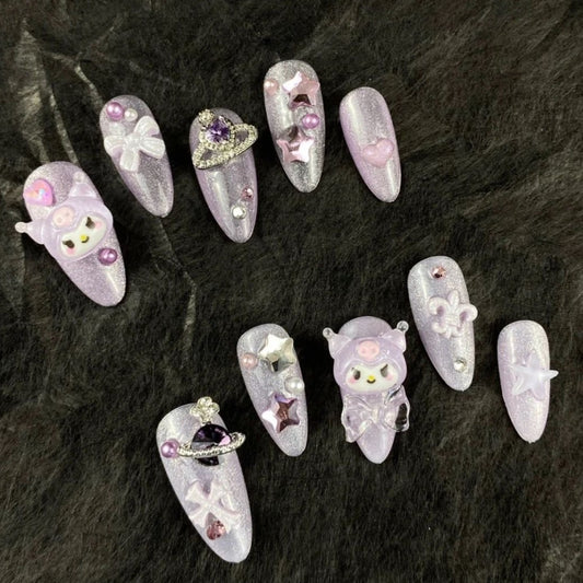 Dazzling lilac Kuromi  | Medium Almond Manicure | Handmade Press On Nails H43