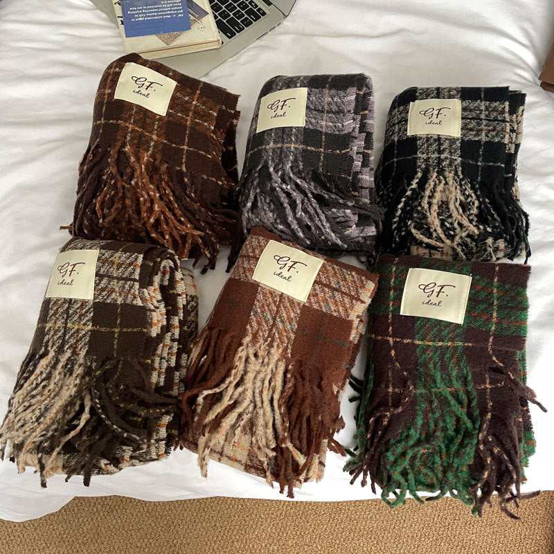 Soft Cashmere Plaid Scarf | Simple Tassel Warm Wool Knitted Scarf W32