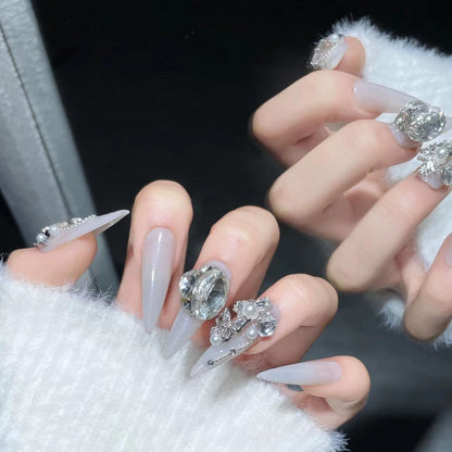 Dazzling Diamond|Long Almond Manicure | Handmade Press On Nails H378