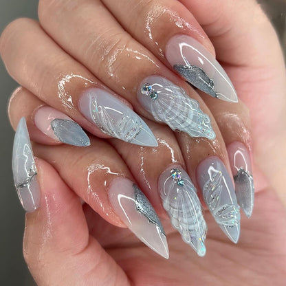 Azure SeaShell | Medium Almond Manicure | Press On Nails N792