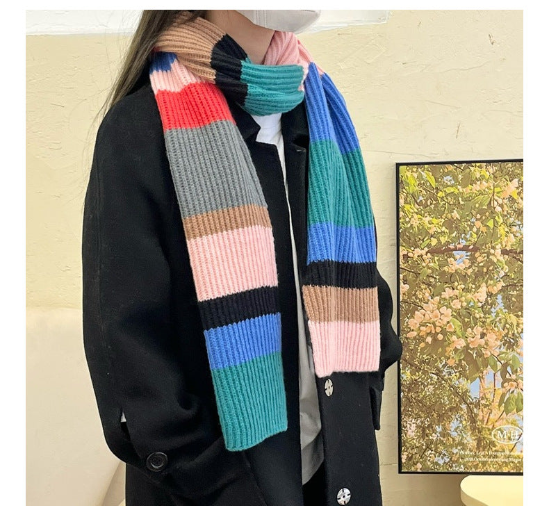 Soft Contrast Color Cashmere Solid Color Scarf | Simple Cute Stripe Warm Wool Knitted Scarf W42