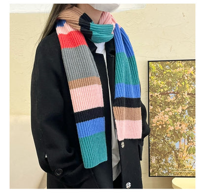 Soft Contrast Color Cashmere Solid Color Scarf | Simple Cute Stripe Warm Wool Knitted Scarf W42