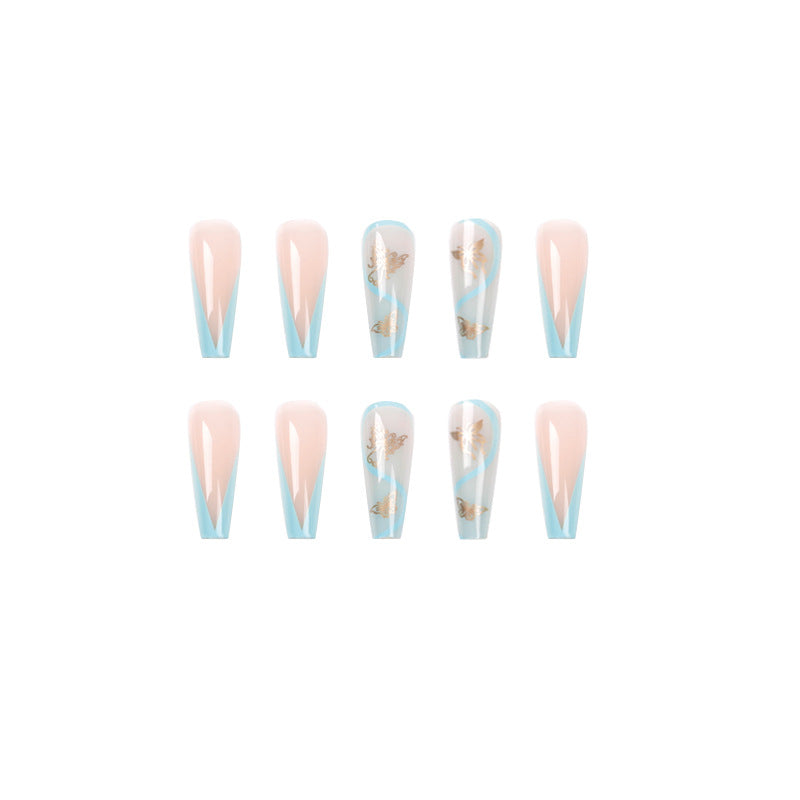 Blue Butterfly Ombré | Press On Nail | Long Coffin Manicure N786