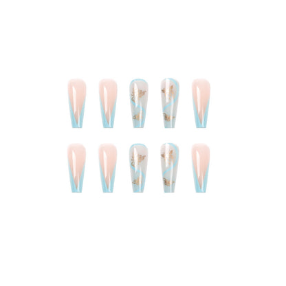 Blue Butterfly Ombré | Press On Nail | Long Coffin Manicure N786