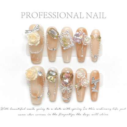 Rose Petal| Long Coffin Manicure  | Handmade Press on Nails H394