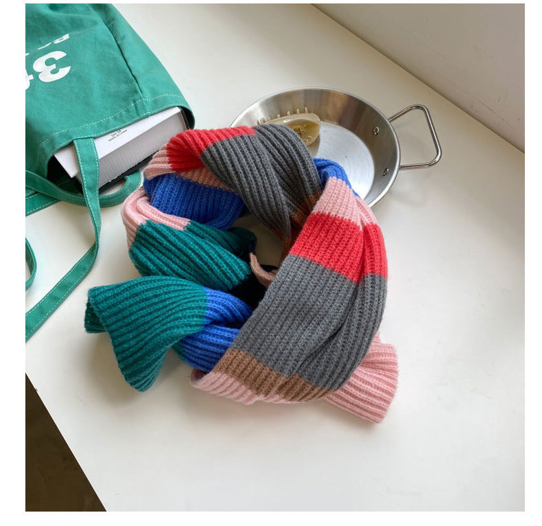 Soft Contrast Color Cashmere Solid Color Scarf | Simple Cute Stripe Warm Wool Knitted Scarf W42