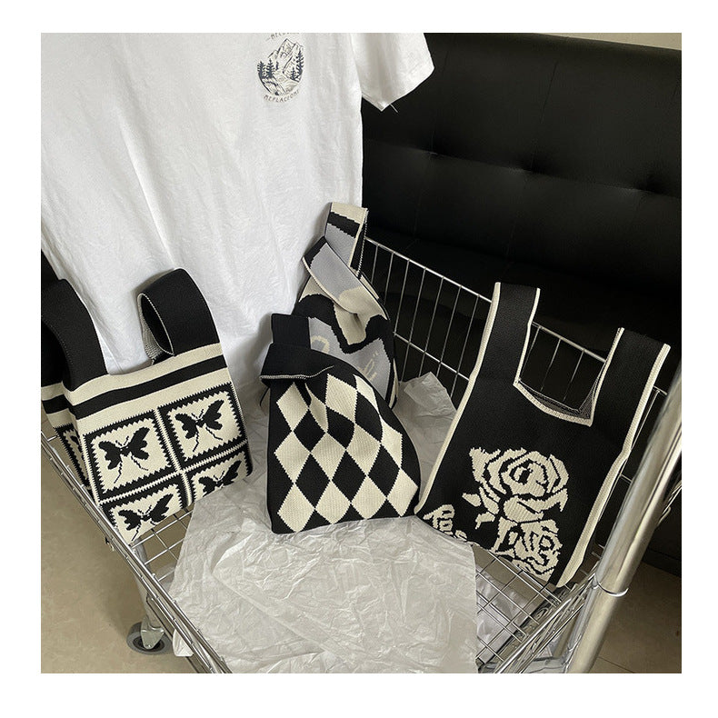 Monochrome Woven Bucket Bag | Casual Printed Tote Bags | Shoulder Bag | Accessories Crochet Handbags B9