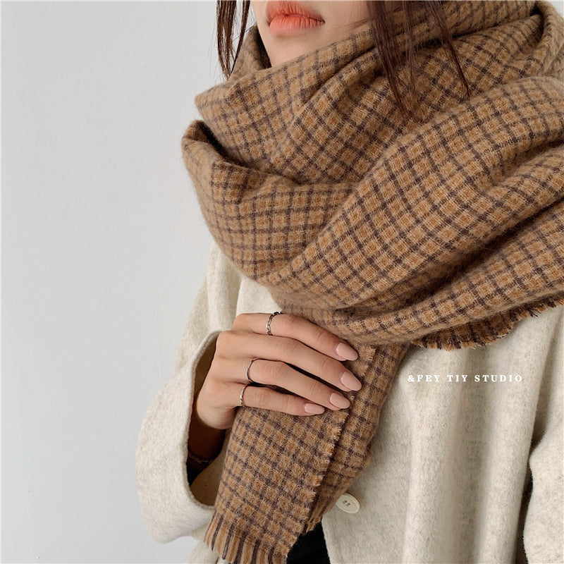 Cozy Plush Winter Plaid Scarf | Tassel Shawls |Soft Wool knitted Scarf W57