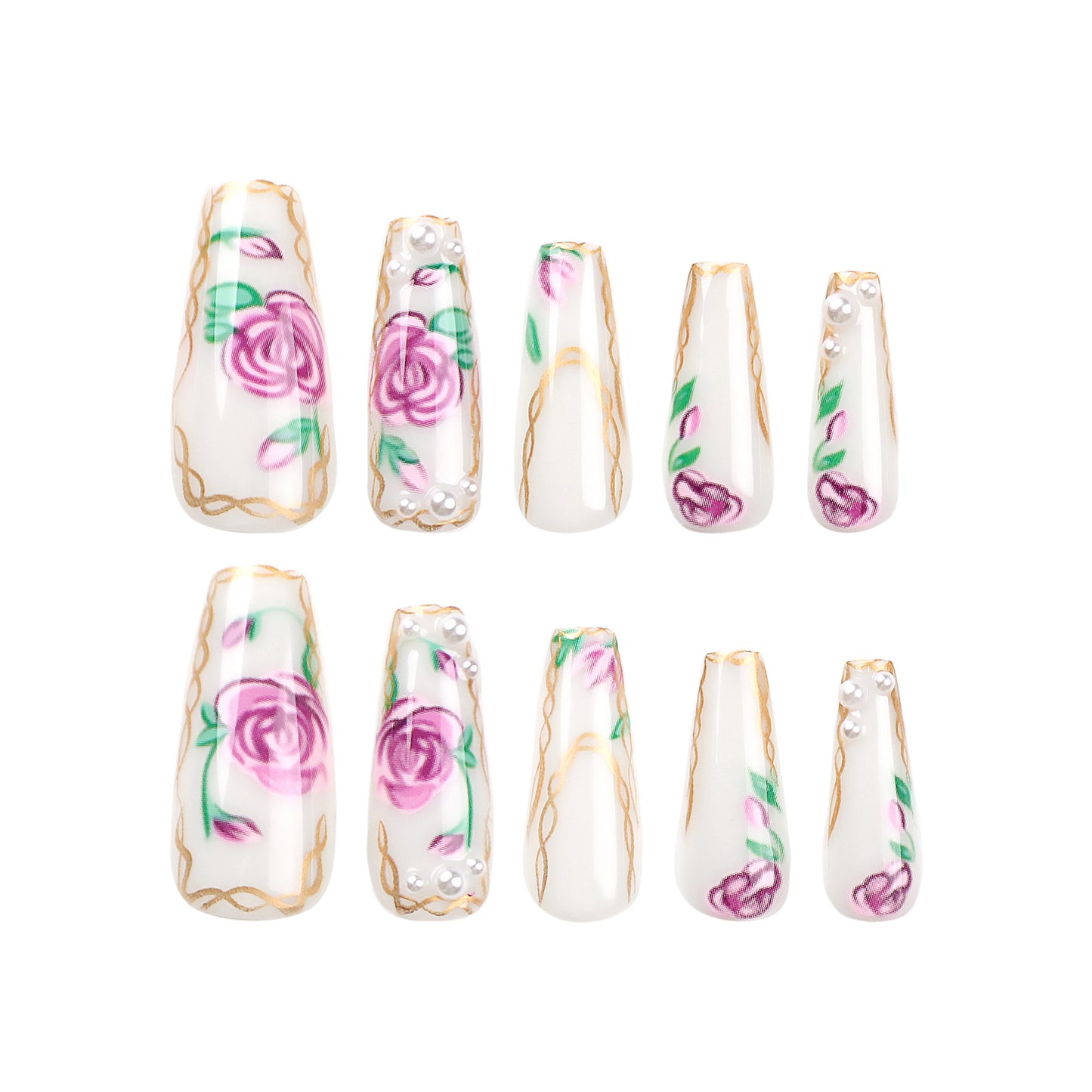 Romatic Rose| Long Coffin Manicure | Press On Nails N799