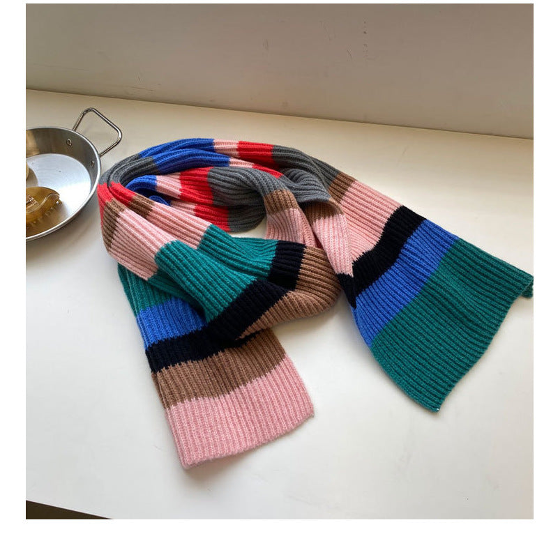 Soft Contrast Color Cashmere Solid Color Scarf | Simple Cute Stripe Warm Wool Knitted Scarf W42