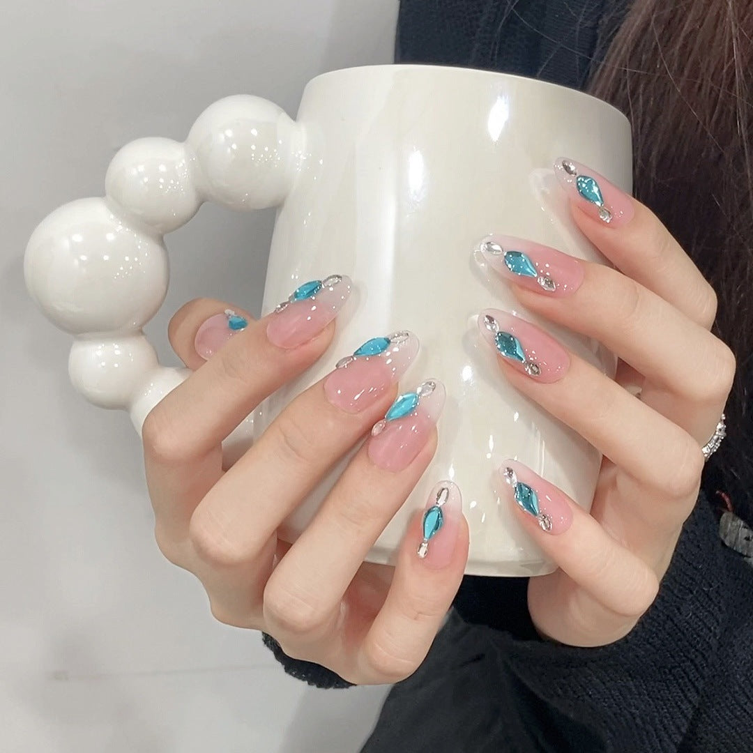 Crystal Azure|Long Almond Manicure | Handmade Press On Nails H311