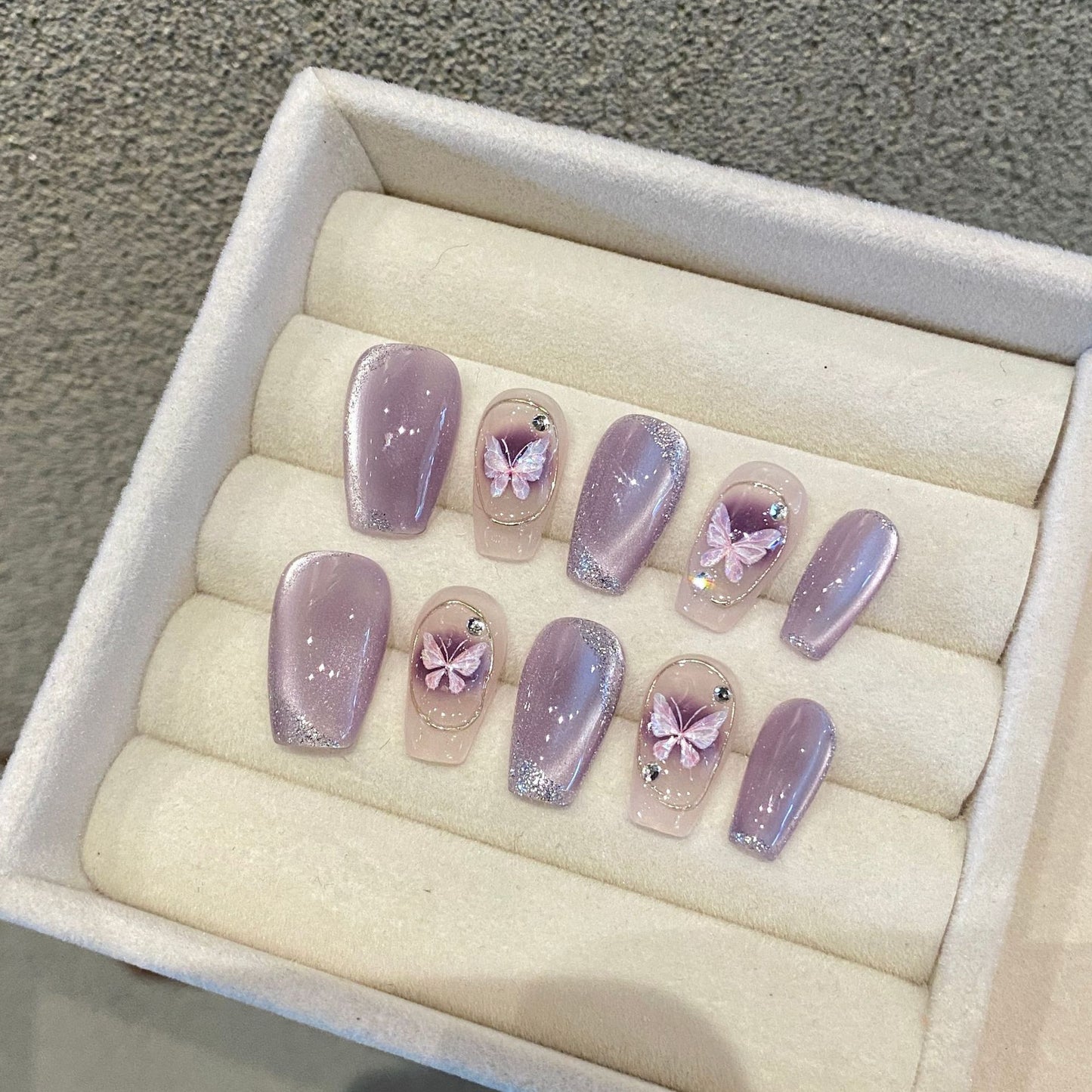 Lilac Butterfly Long Coffin Manicure  | Handmade Press on Nails H356