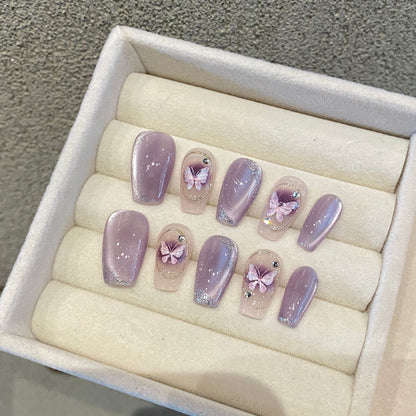 Lilac Butterfly Long Coffin Manicure  | Handmade Press on Nails H356