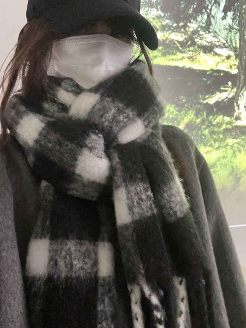 Cozy Plush Winter Plaid Scarf | Tassel Shawls |Soft Wool knitted Scarf W50