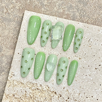 Fresh Green|Long Almond Manicure | Handmade Press On Nails H337