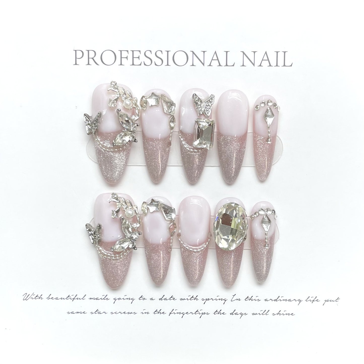 Pink Stardust|Long Almond Manicure | Handmade Press On Nails H399