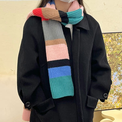 Soft Contrast Color Cashmere Solid Color Scarf | Simple Cute Stripe Warm Wool Knitted Scarf W42