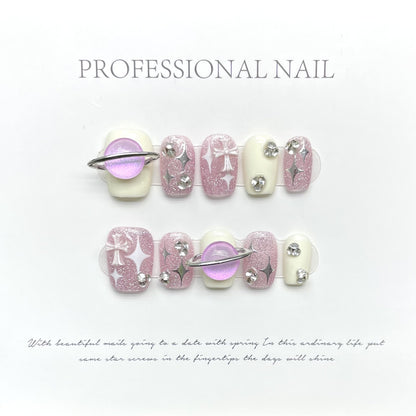 Pink Sparkle | Short Squoval Manicure | Handmade Press On Nails H397