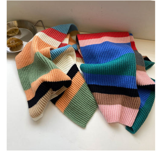 Soft Contrast Color Cashmere Solid Color Scarf | Simple Cute Stripe Warm Wool Knitted Scarf W42