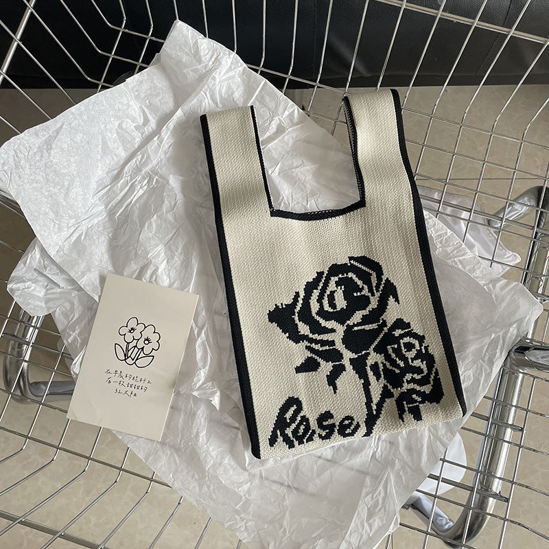 Rose Woven Bucket Bag | Casual Stripe Printed Tote Bags | Shoulder Bag | Accessories Crochet Handbags B16