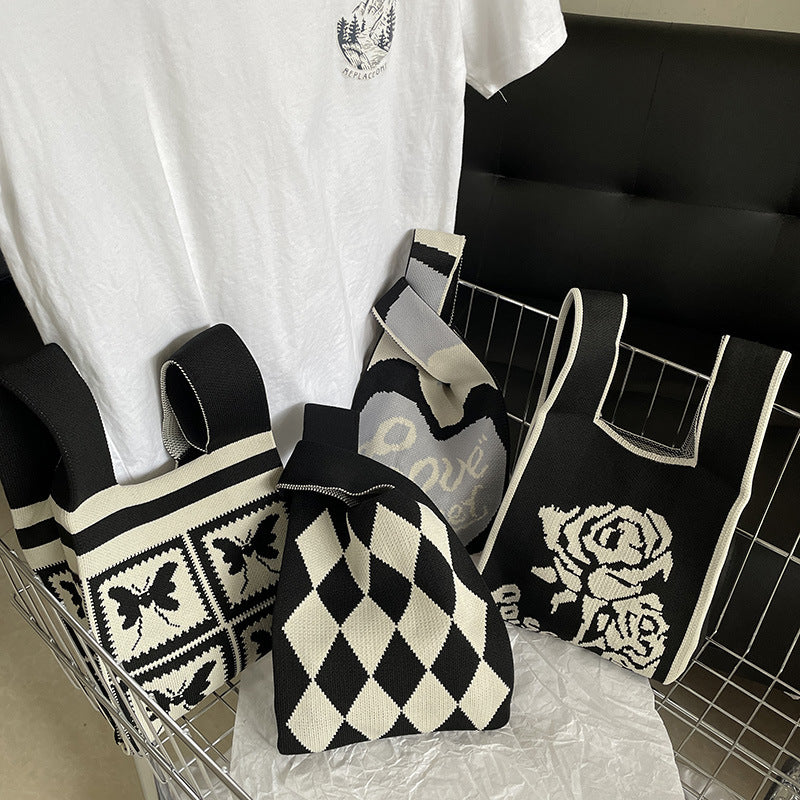 Monochrome Woven Bucket Bag | Casual Printed Tote Bags | Shoulder Bag | Accessories Crochet Handbags B9