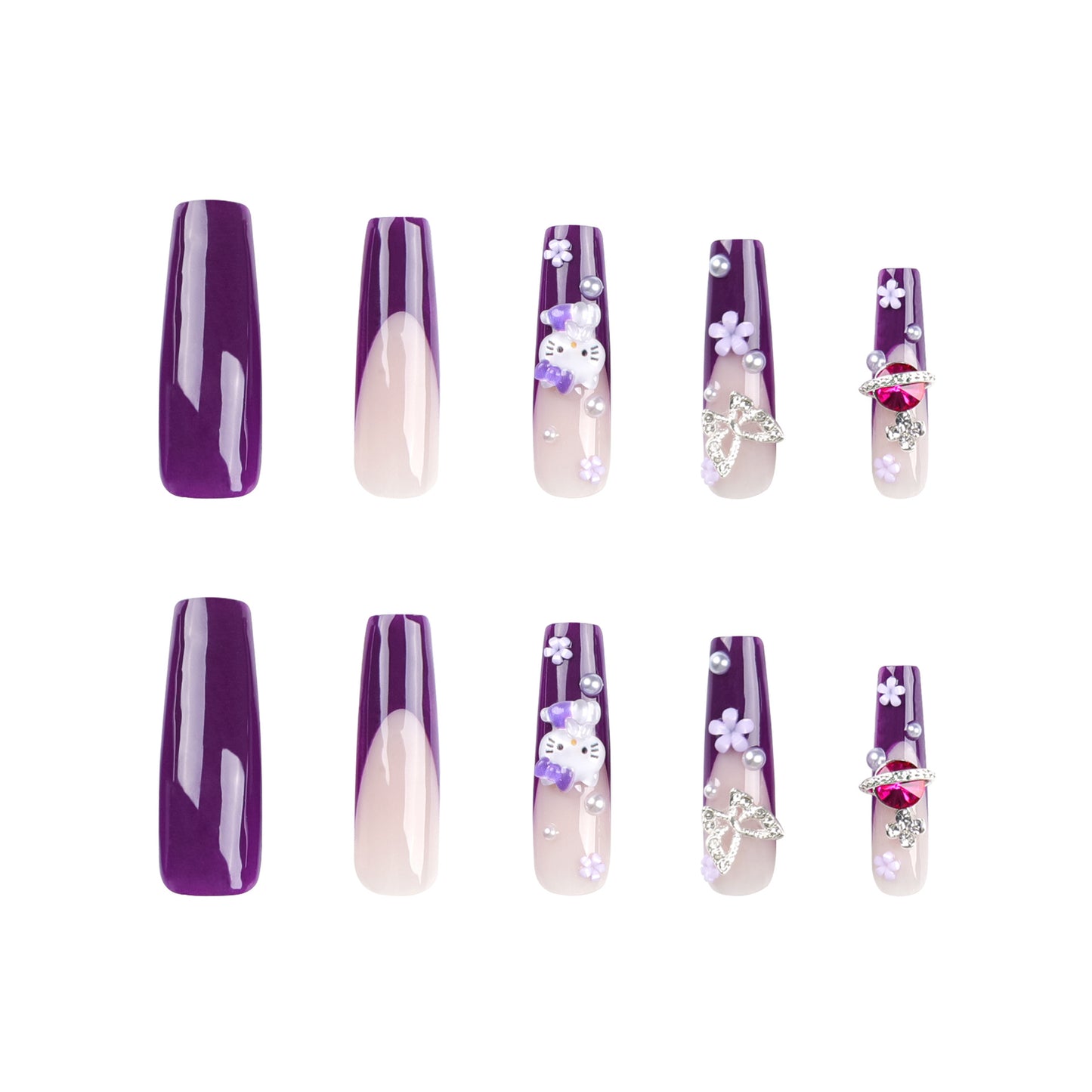 Violet Kitty| Long Coffin Manicure | Press On Nails N809