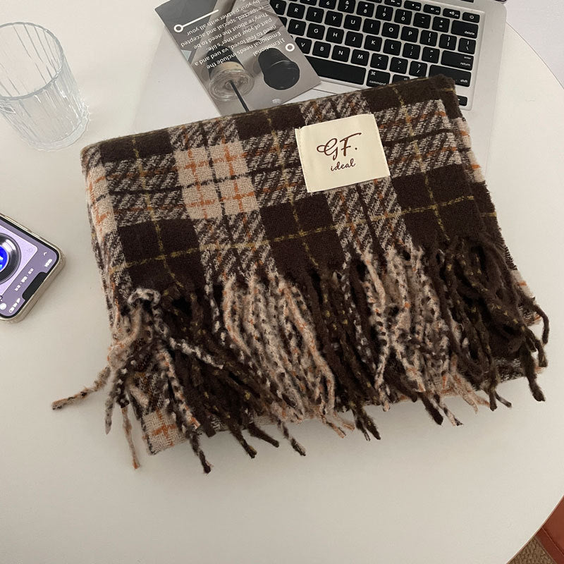 Soft Cashmere Plaid Scarf | Simple Tassel Warm Wool Knitted Scarf W32