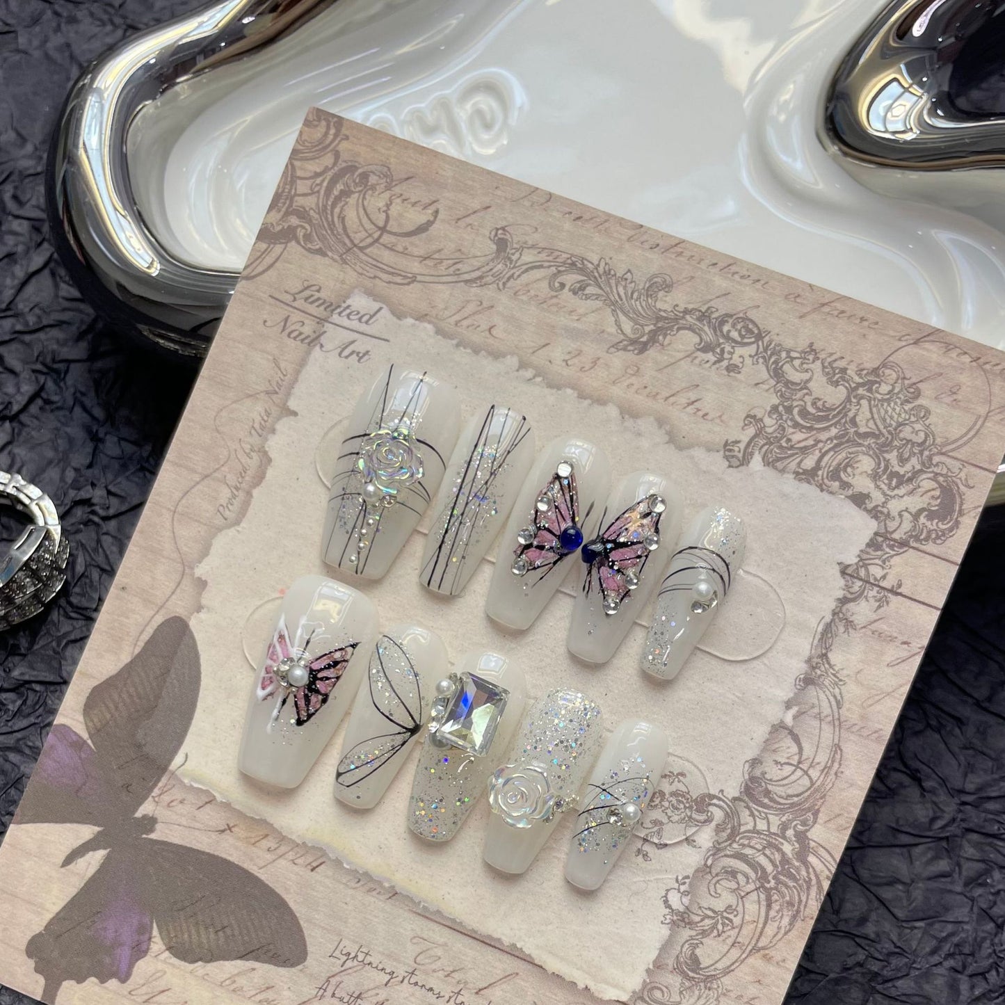 Butterfly| Long Coffin Manicure  | Handmade Press on Nails H393