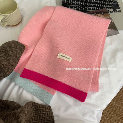 Soft Contrast Color Cashmere Solid Color Scarf | Simple Cute Stripe Warm Wool Knitted Scarf W43