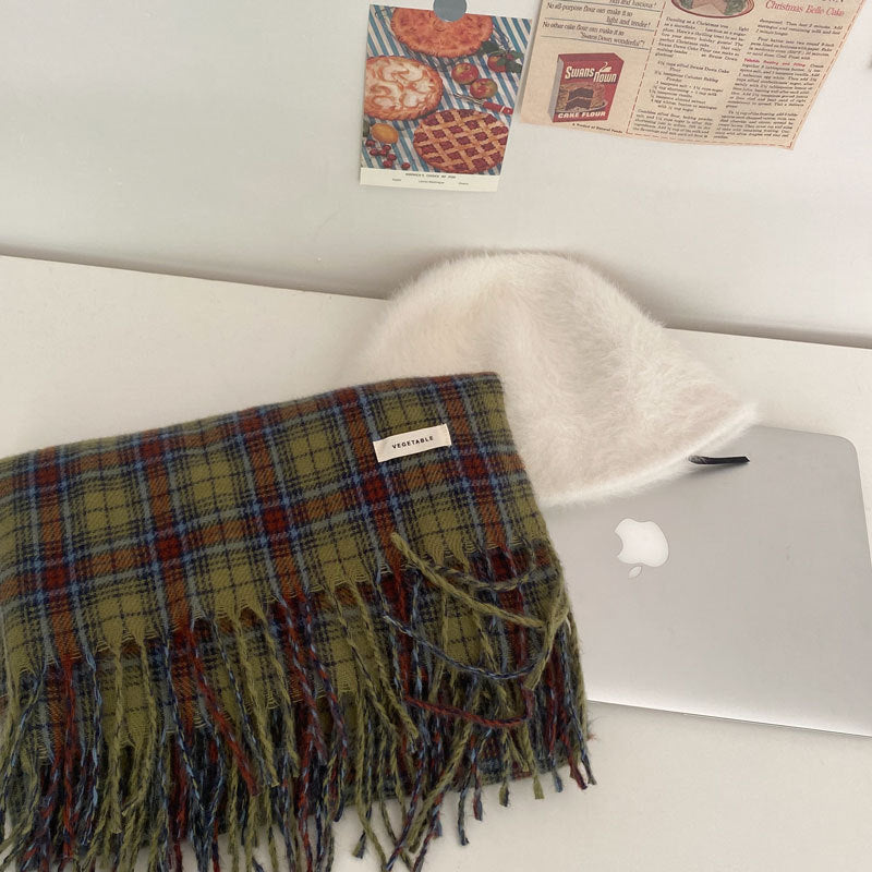 Warm Winter Cashmere Plaid Scarf |Wool Knitted Tassel Shawls W28