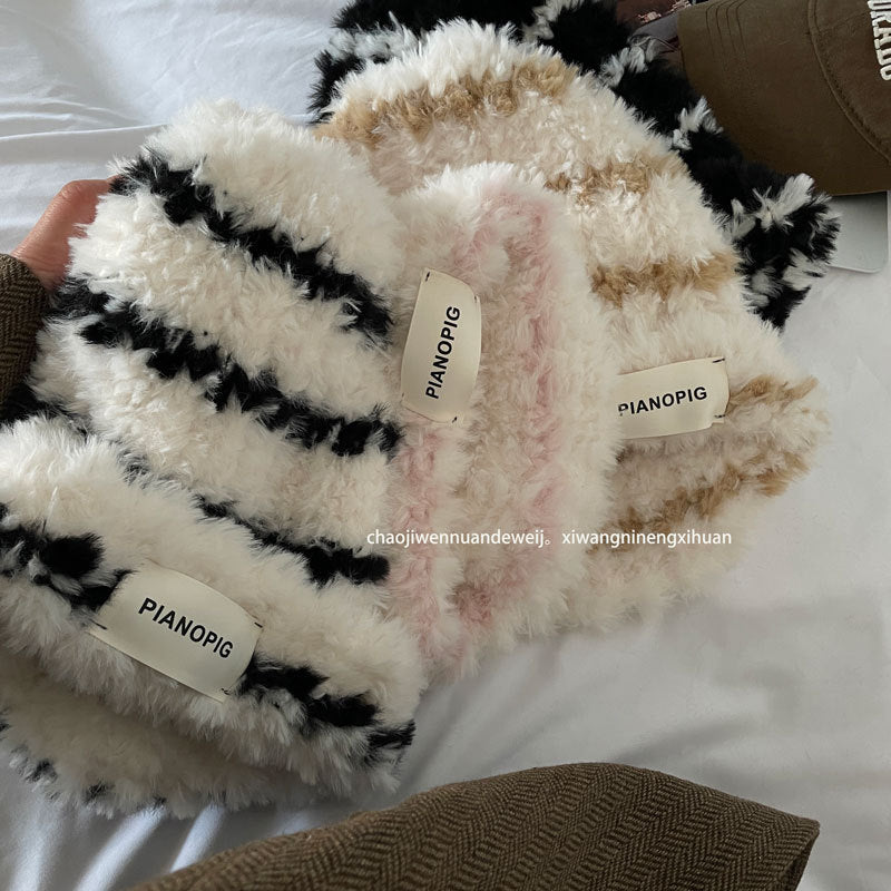 Cozy Plush Stripe Winter Cashmere Knit Beanie Hat |Stretch Ribbed Beanie Hat M18