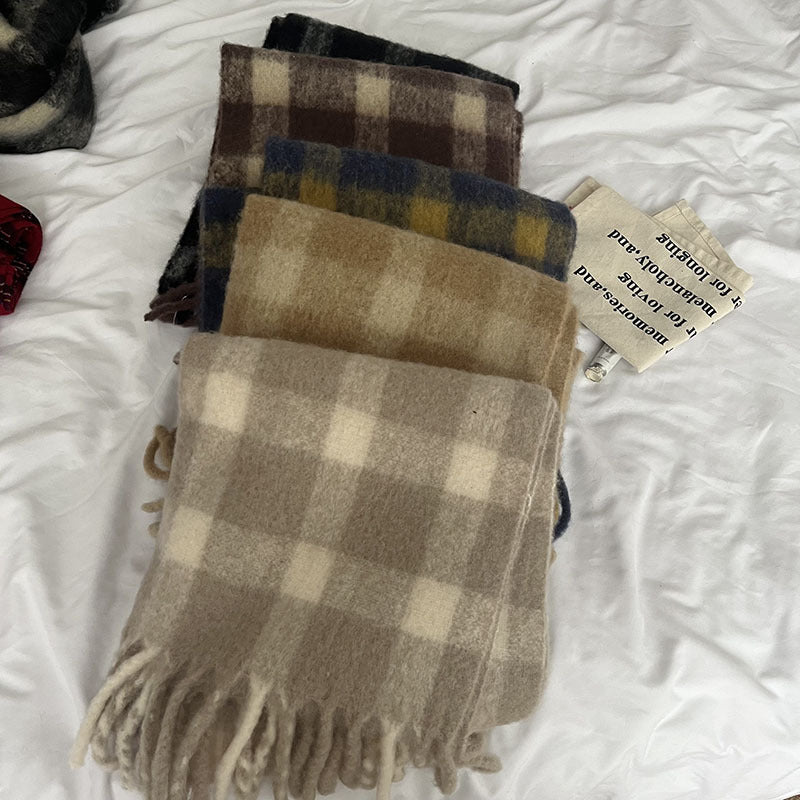 Cozy Plush Winter Plaid Scarf | Tassel Shawls |Soft Wool knitted Scarf W50