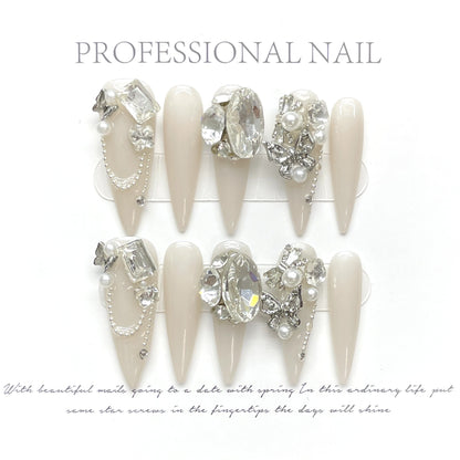 Dazzling Diamond|Long Almond Manicure | Handmade Press On Nails H378