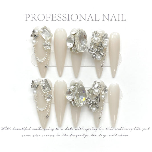 Dazzling Diamond|Long Almond Manicure | Handmade Press On Nails H378