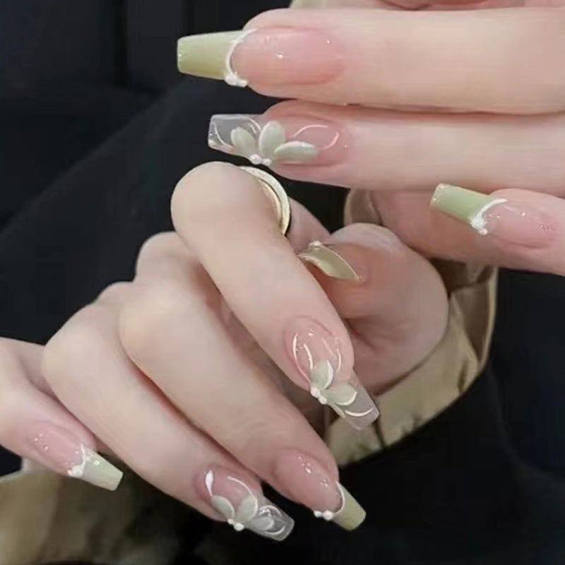 Greenery Bloom Pearl | Long Coffin Manicure  | Press On Nails