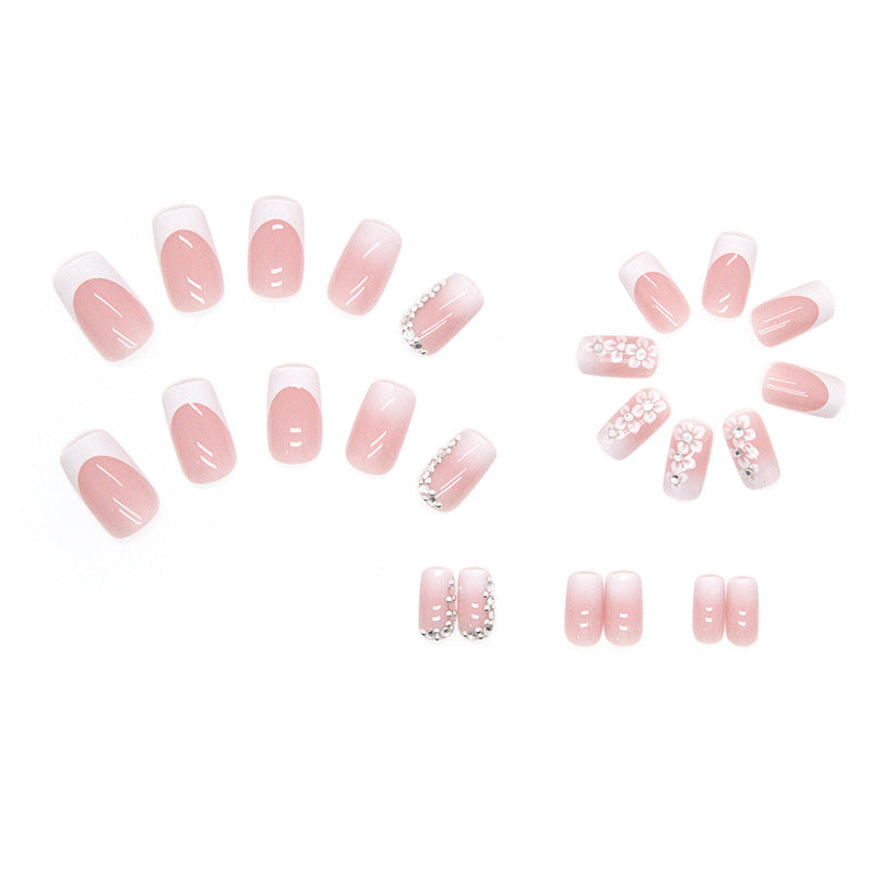 Pink Flower White French| Medium Squoval Manicure | Press on Nails N594