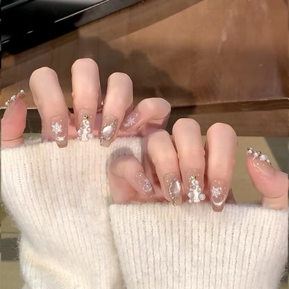 Blushing Snowflakes| Long Coffin Manicure| Handmade Press on Nails H81