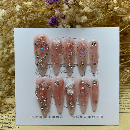 Camellia Glamour | Long Almond Manicure |Handmade Press On Nails H167