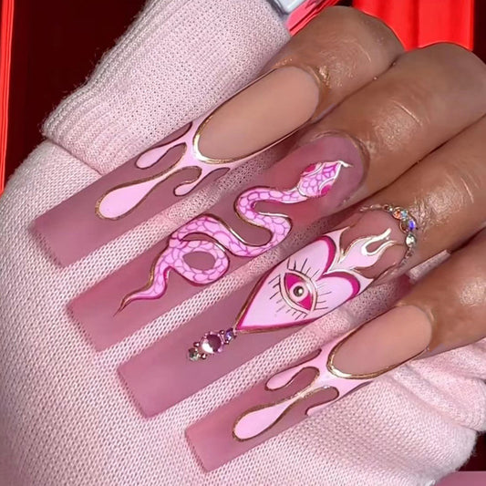 Sweet Pink Venom| Long Coffin Manicure | Press On Nails N676