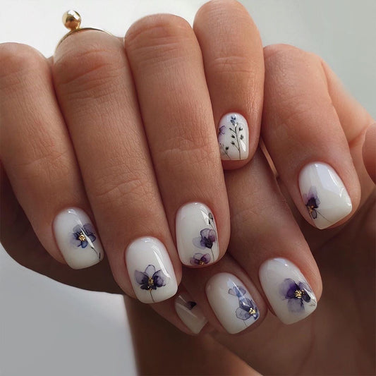 Ink Wash Purple Floral| Short Squoval Manicure | Press On Nails N473