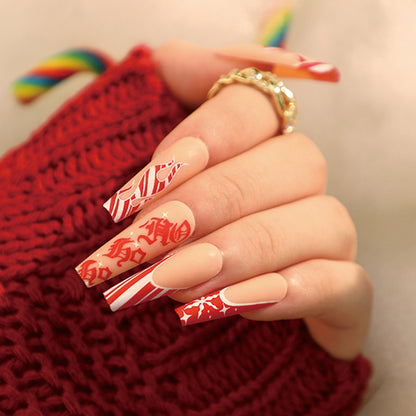 Flaming Yuletide Frost| Long Coffin Manicure | Press On Nails N421