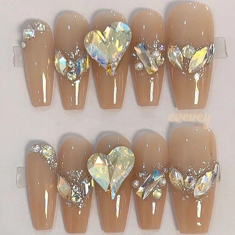 Bling Nude Glamour| Long Coffin Manicure  | Handmade Press on Nails H84