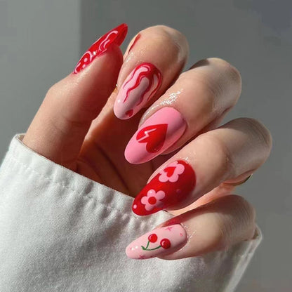 Smiley face Cherry Bomb| Medium Almond Manicure | Press On Nail