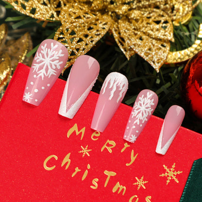 Christmas Blush Snowflakes| Long Coffin Manicure | Press On Nails N507