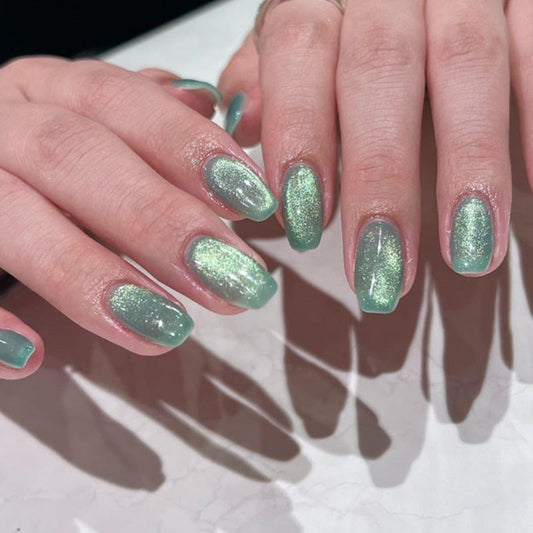 Jade Green Aurora| Medium Coffin Manicure | Press On Nails N575