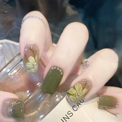 Simple Green flowers | Short Squoval Manicure | Press On Nail