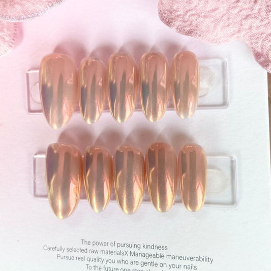 Chrome Pink Glow | Medium Almond Manicure | Handmade Press On Nails H130