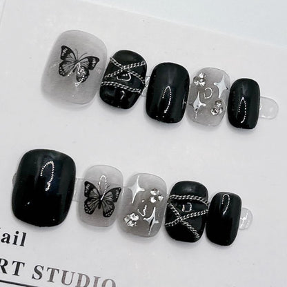 Dark Butterfly Charmer | Short Squoval Manicure | Handmade Press On Nails H65