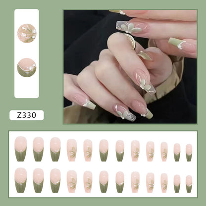 Greenery Bloom Pearl | Long Coffin Manicure  | Press On Nails