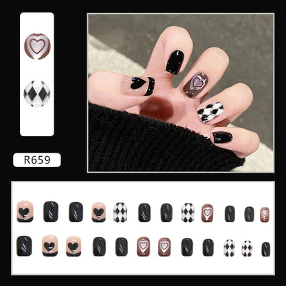 Black Heart Checkerboard | Short Squoval Manicure | Press On Nail